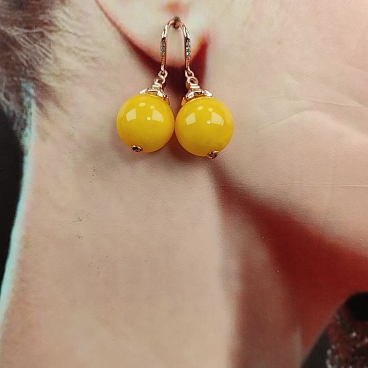 琥珀耳饰银S925镀金镶嵌