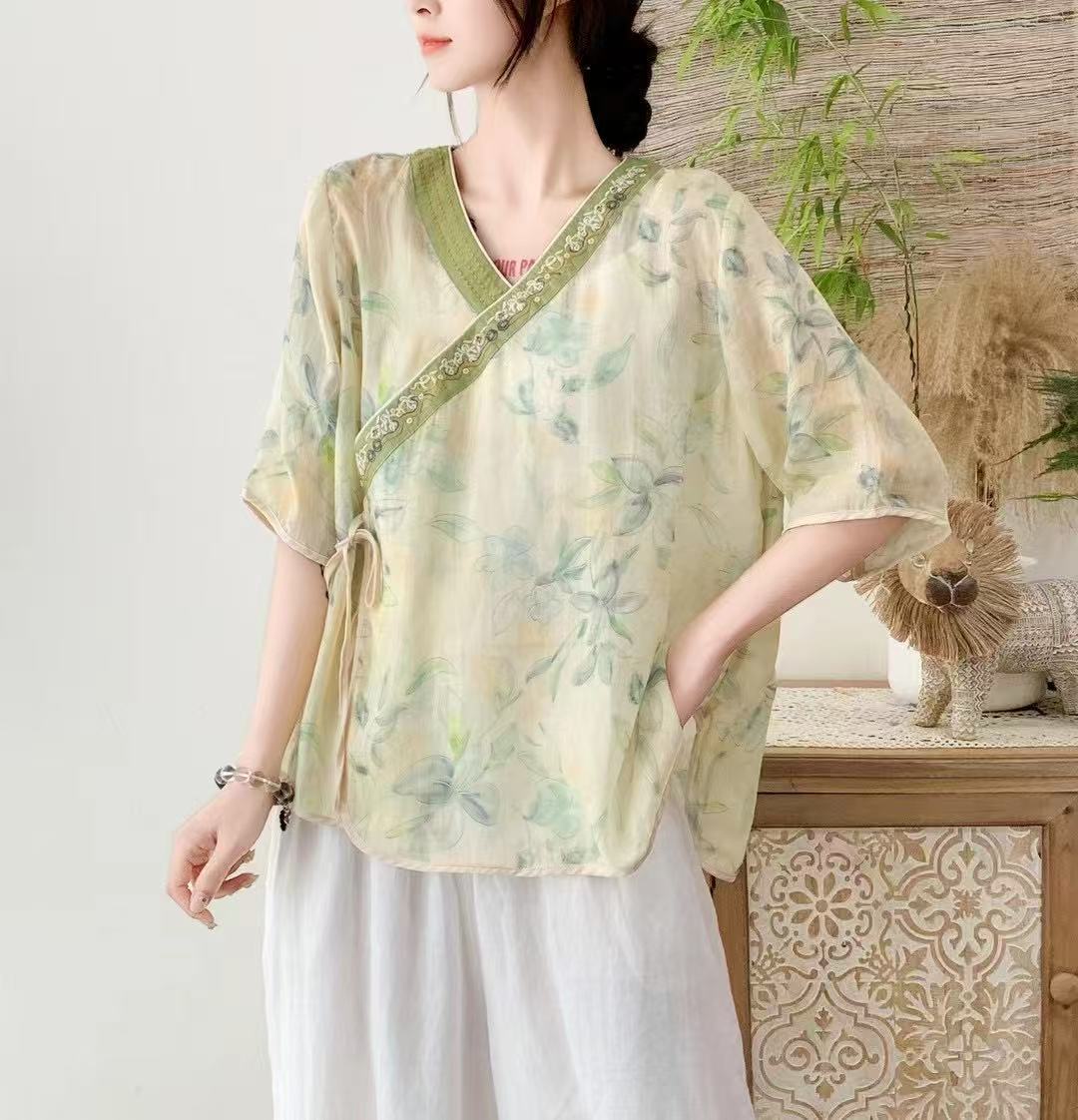 X编号A230-A416刺绣立领文艺新中式女装复古撞色刺绣衬衫T恤