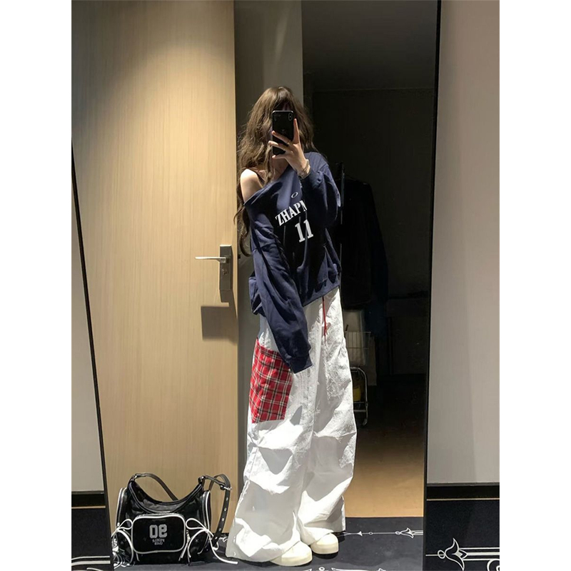 【ZHAP】斜领露肩百搭卫衣女新款藏青色秋冬加绒加厚港风简约厚实高