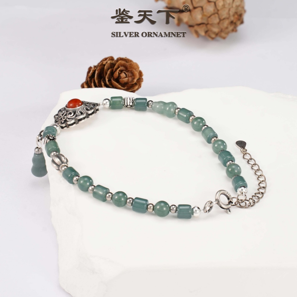 复古蓝水翡翠串珠南红花牌银手链06201062