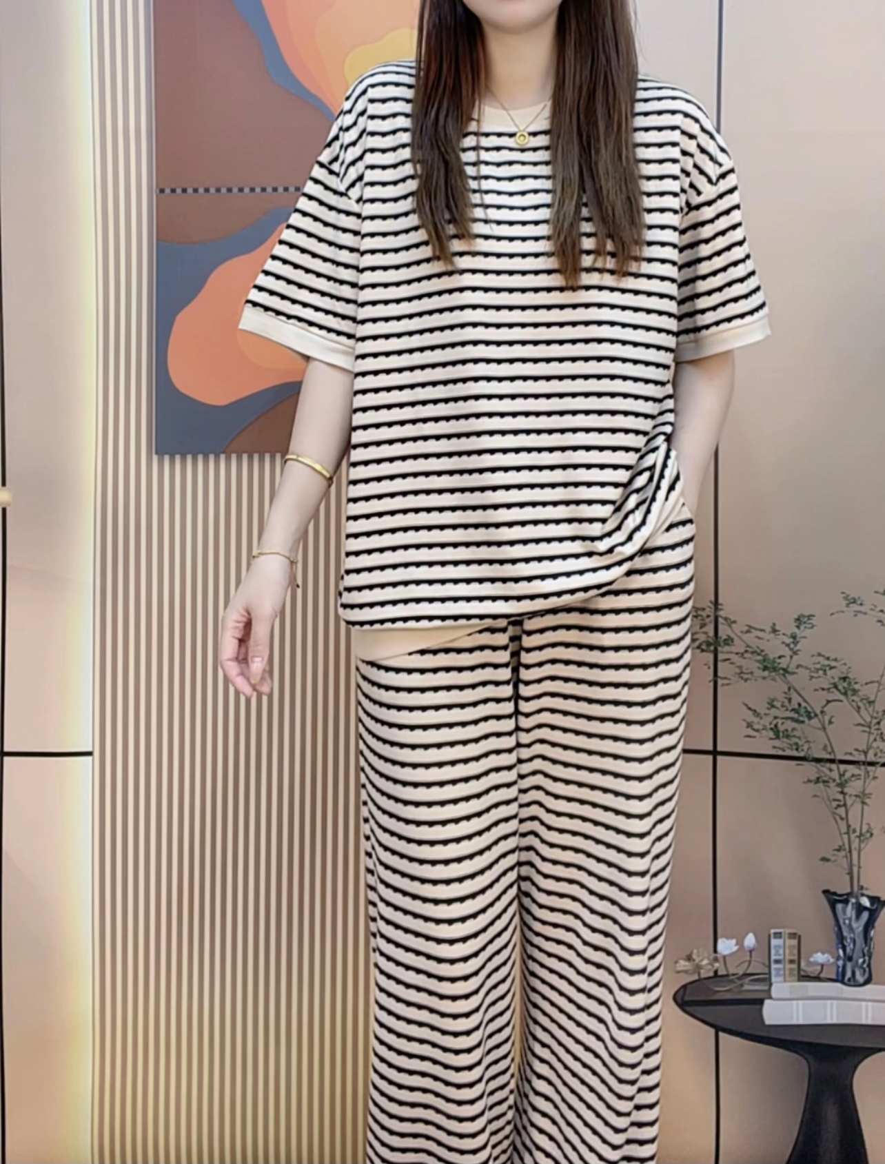 【胸垫款】纯棉条纹短袖长裤睡衣女套装夏季韩版女士家居服外穿