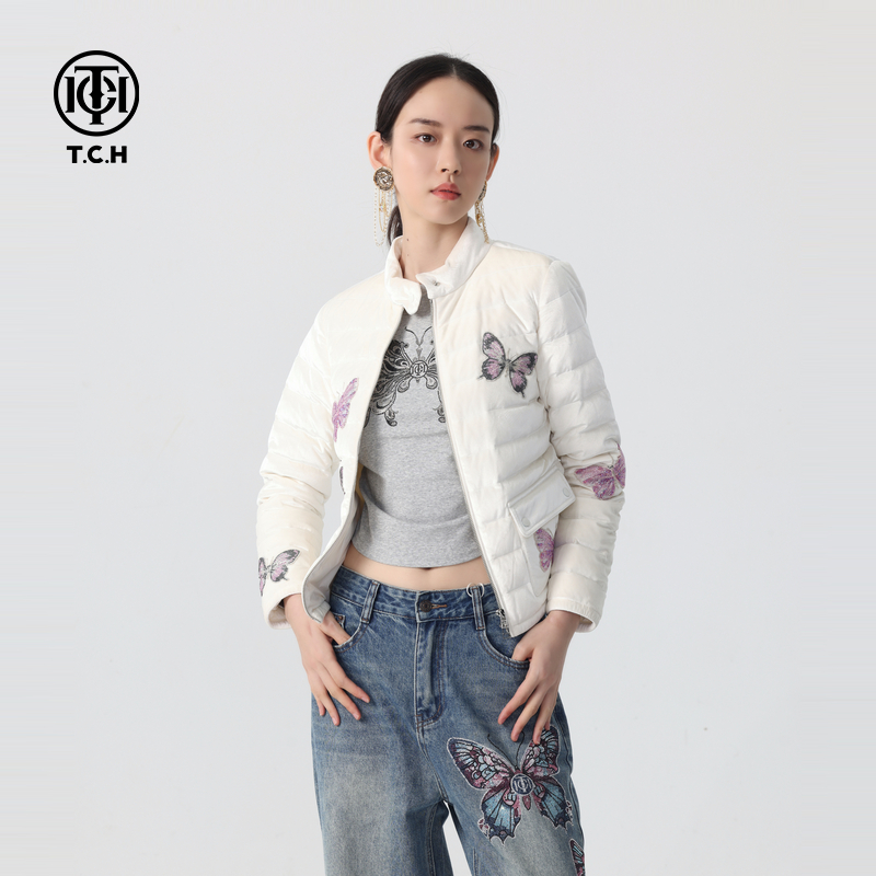 潮牌-TCH24秋冬烫钻蝴蝶新中式鹅绒轻薄立领短款羽绒服T72D198030