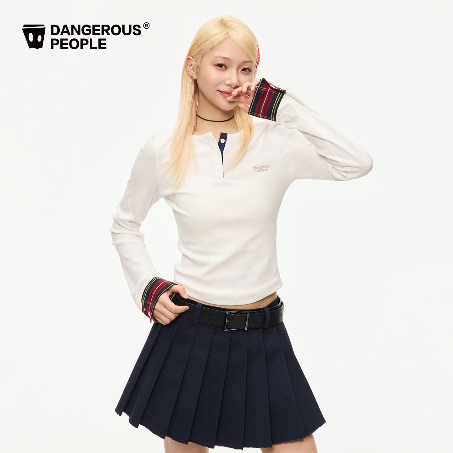 Dangerouspeople薛之谦dsp复古格子拼接修身简约亨利领长袖T恤女