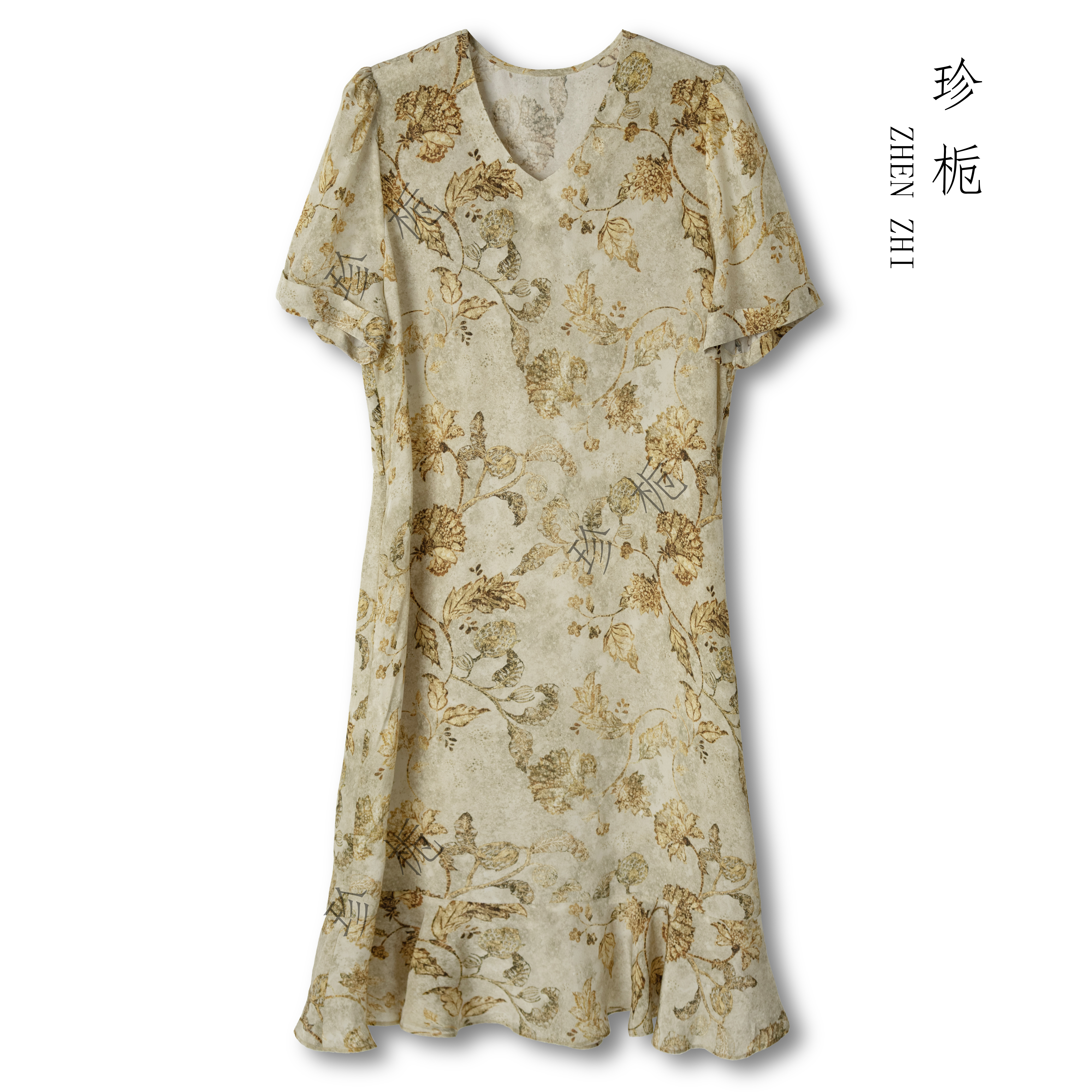 珍栀【暮染】夏季100%桑蚕丝碎花显瘦气质轻奢时尚连衣裙JY5A020-2