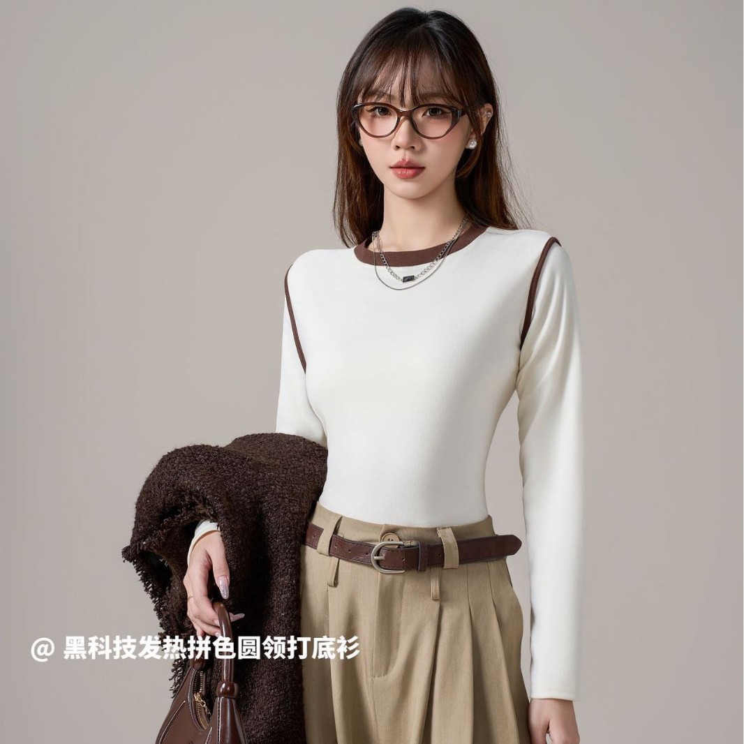 美式复古拼色正肩长袖t恤女春秋季磨毛设计感小众打底衫内搭上衣