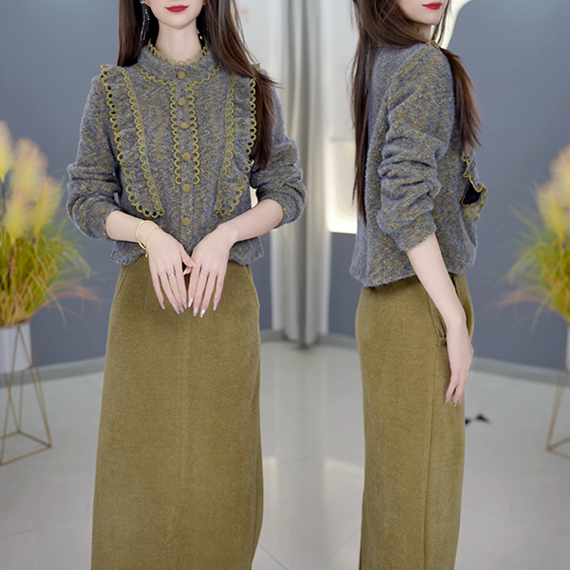 【半身裙+上衣】A1119抹茶色套装优雅气质时尚减龄显瘦秋冬设计感