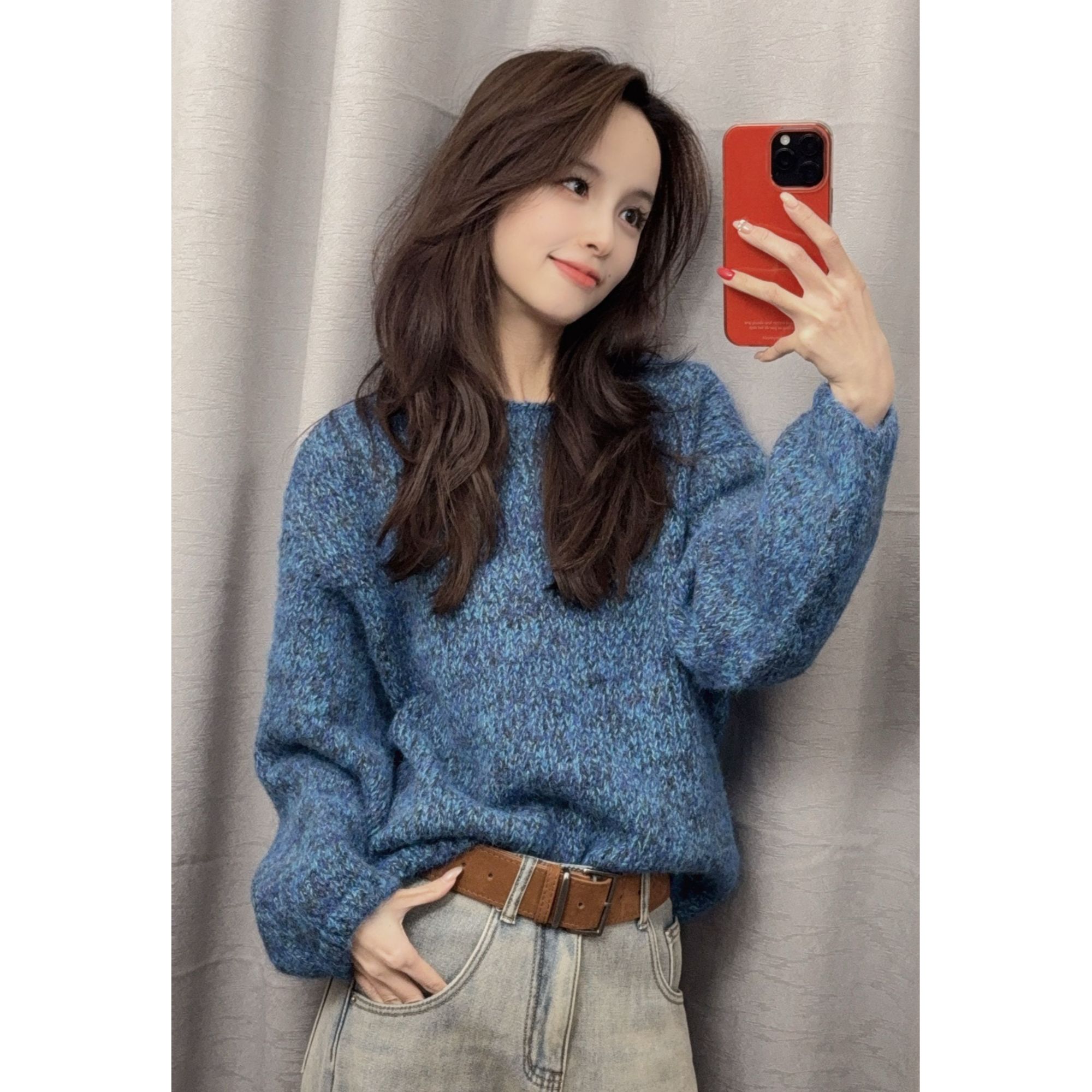 秋冬韩系休闲氛围感宽松显瘦一字领灯笼收口针织衫女