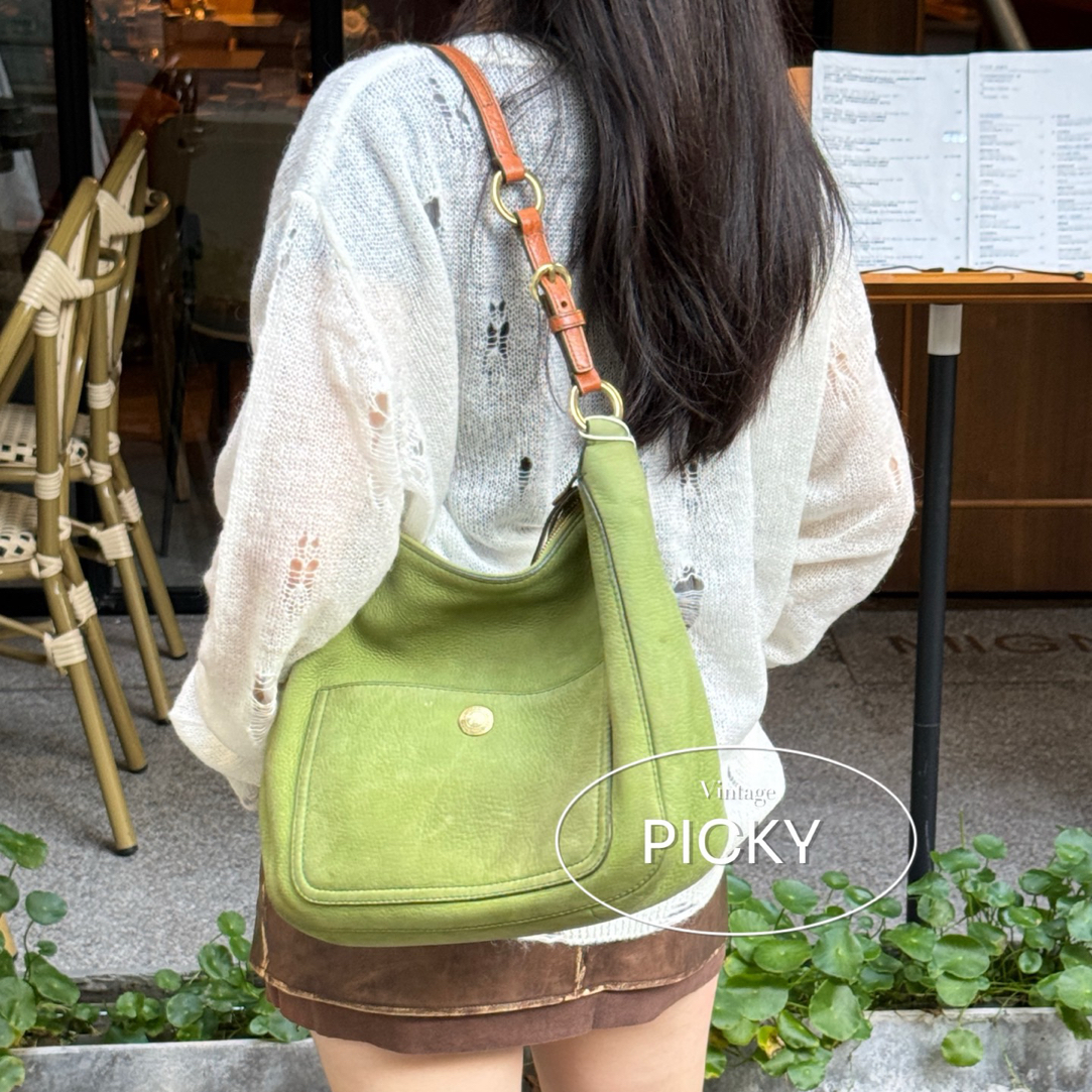 95新 COACH/蔻驰 绿色 全皮 皮带扣 hobo 单肩包 