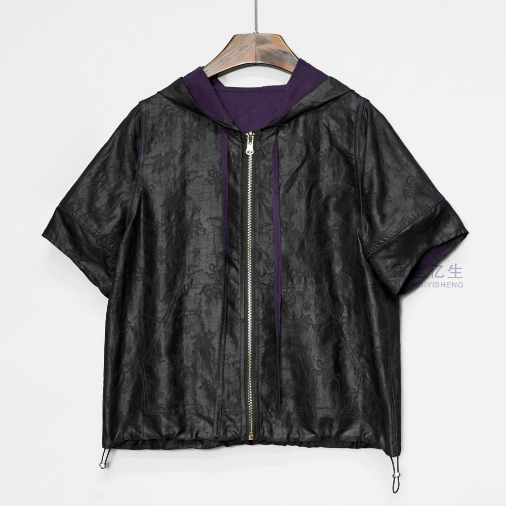 夏日如风！香云纱紫色缎龟提花时尚连帽气质减龄女士上衣衬衫X3150