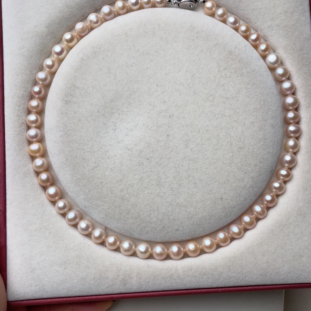 项链银S925镶嵌淡水珍珠8-9mm强光近圆微瑕