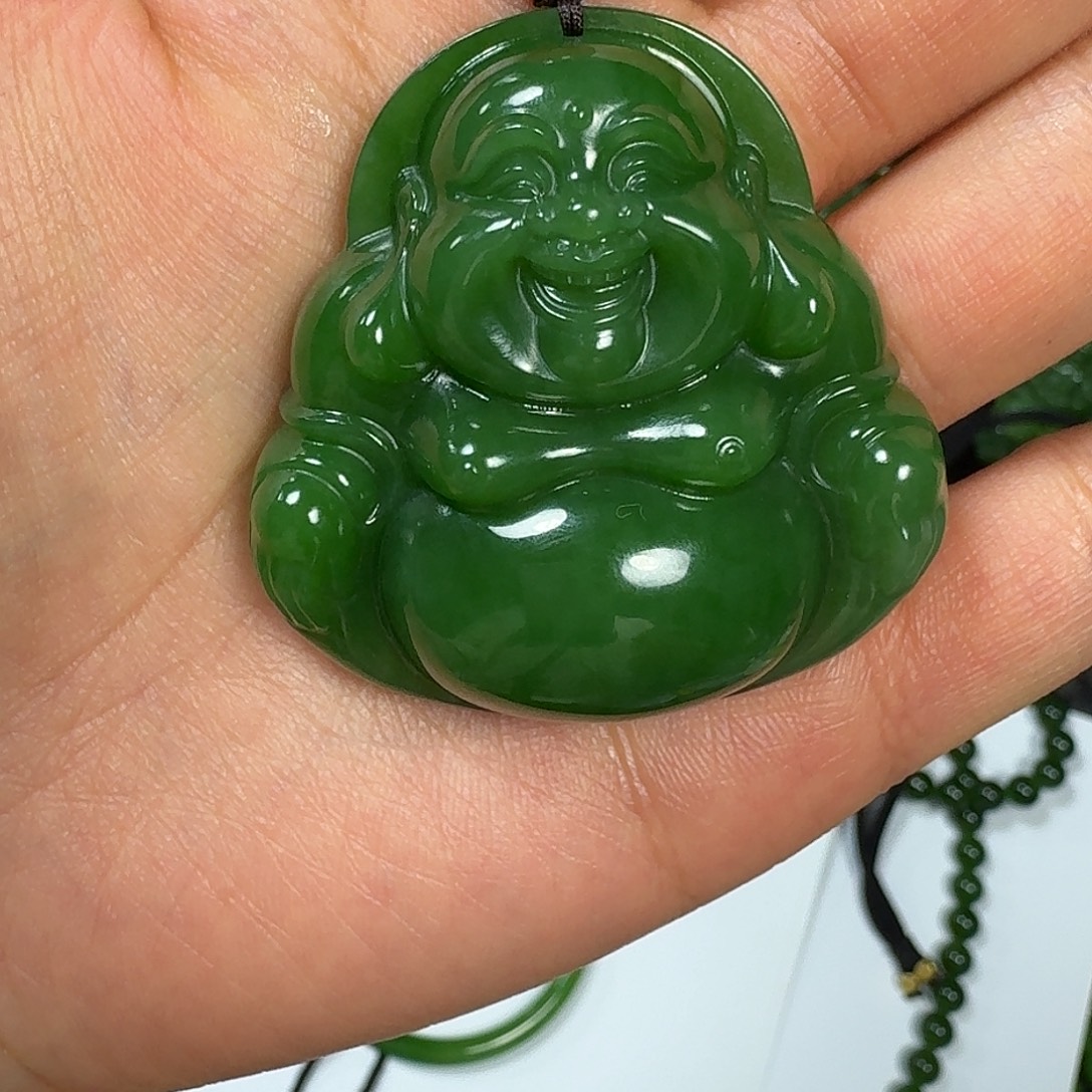 月***亮和田玉（碧玉）未镶嵌吊坠(不含链)46*47俄红皮阳绿大肚佛