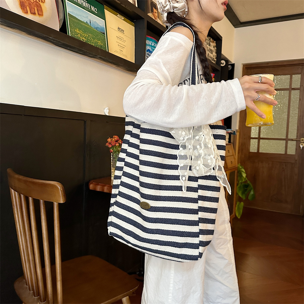 48302高颜值双面条纹帆布包大容量休闲通勤单肩托特包