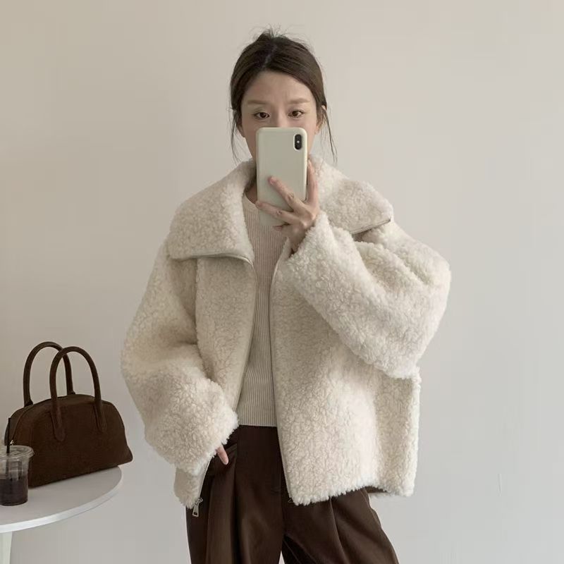 高级慵懒风韩版仿颗粒毛女宽松翻领拉链皮毛一体2025冬季毛毛外套