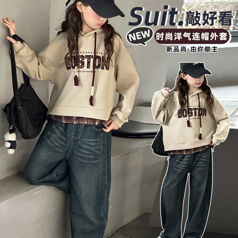 女大童卫衣2025新款连帽女孩秋装上衣假两件韩系衣服洋气儿童春秋