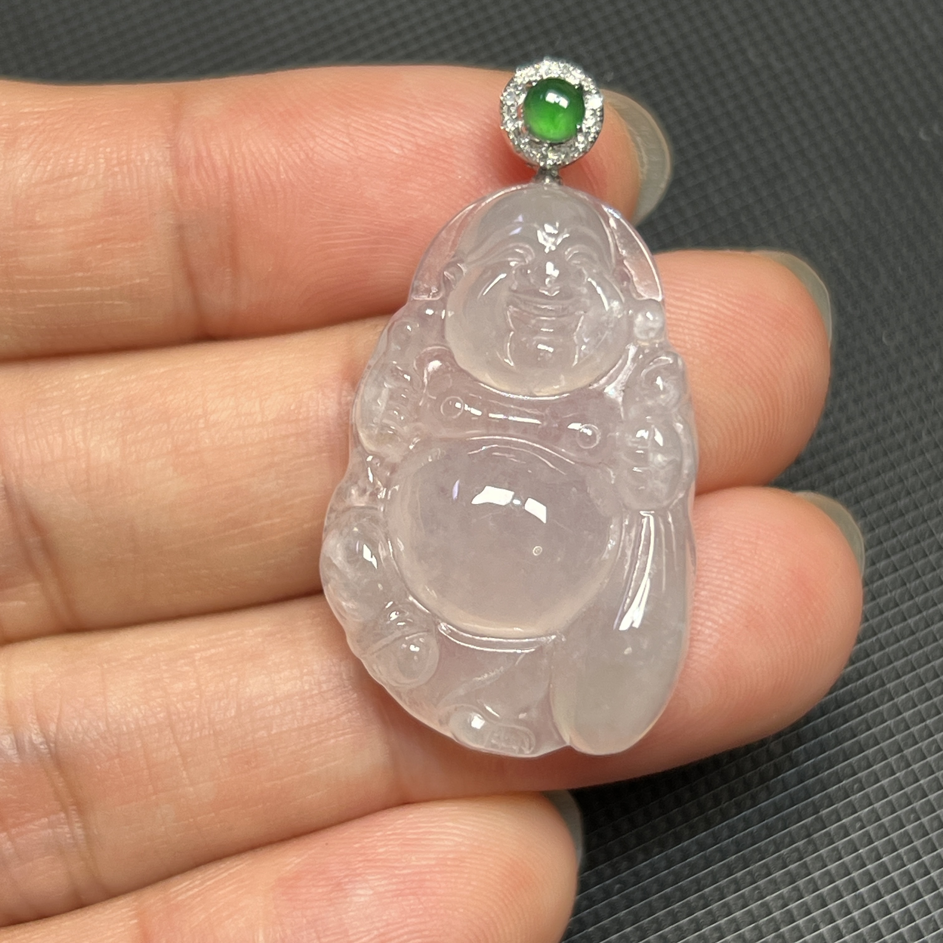 白冰厚庄布袋佛天然翡翠A货18k金镶嵌吊坠