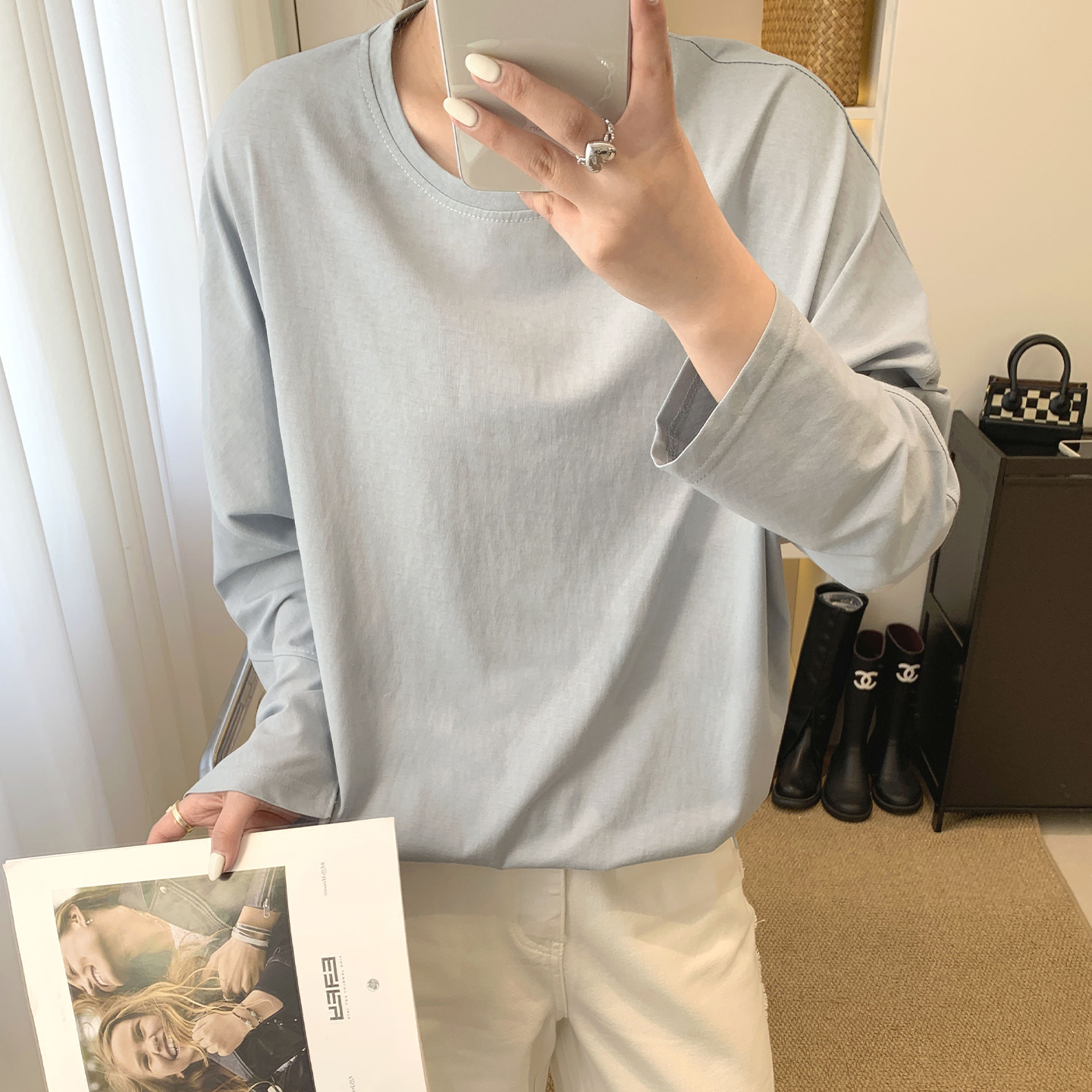 上身很赞！棉混纺凉爽轻薄款 圆领下摆可调节设计长袖套头打底衫