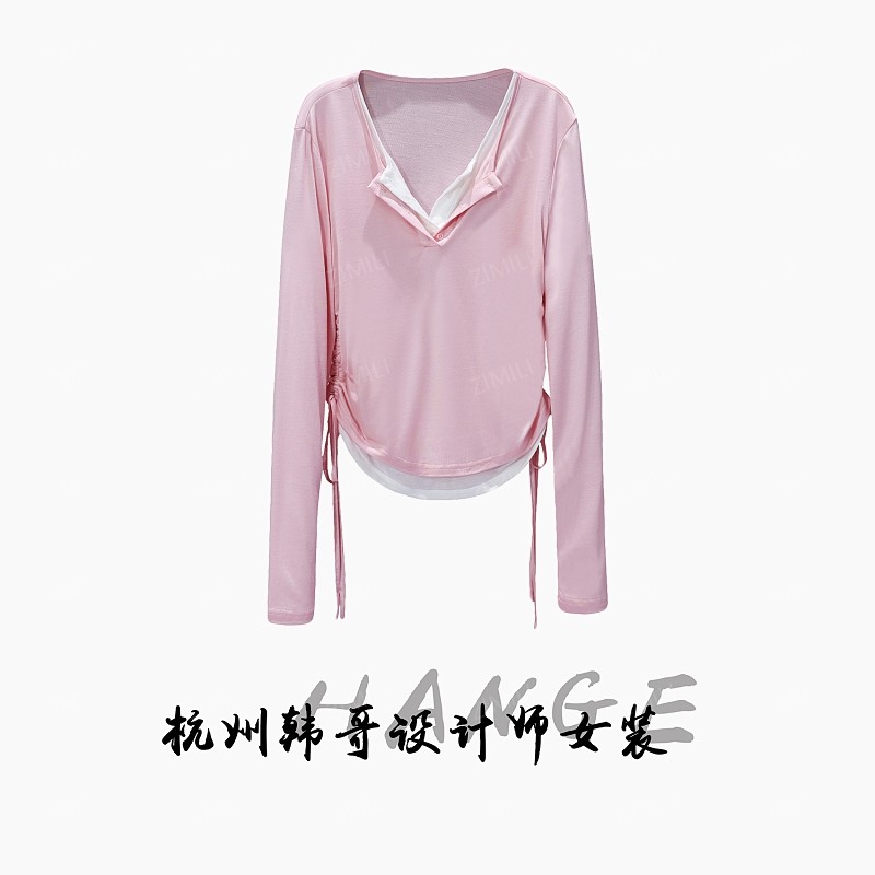 【韩哥女装】冰丝轻薄假两件简约休闲收腰冰梅粉长袖T恤/3239-A2