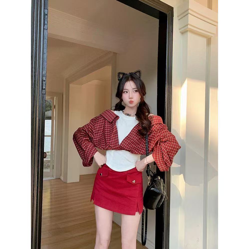 【春日辣妹】显白红色格子撞色显瘦拼接圆百搭领露肩衬衫上衣短裙
