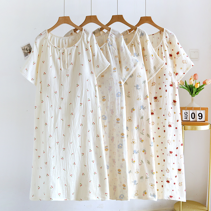 【睡裙胸垫款】短袖睡裙纯棉棉纱套头宽松睡裙全棉免穿文胸家居裙