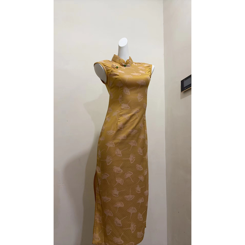 083- 新款 黄色 银杏叶 无袖 旗袍