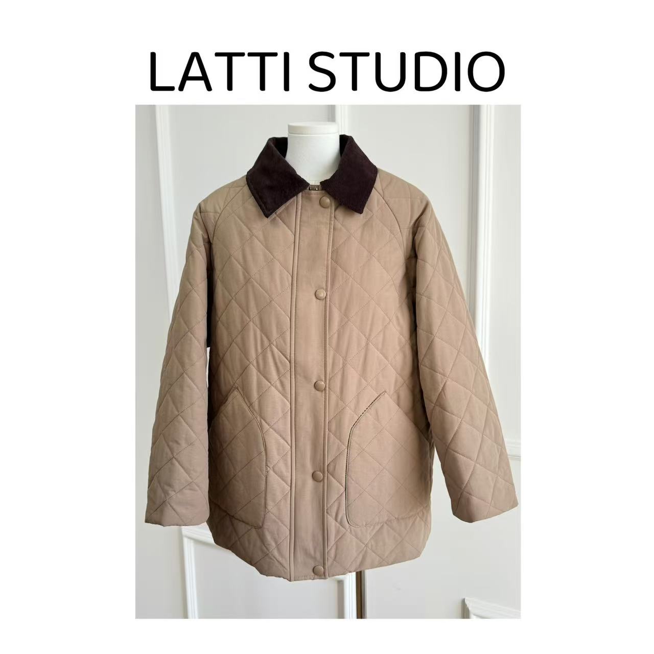 【Latti】半糖摩卡-时尚休闲百搭宽松翻领菱格保暖棉衣棉服网红女士