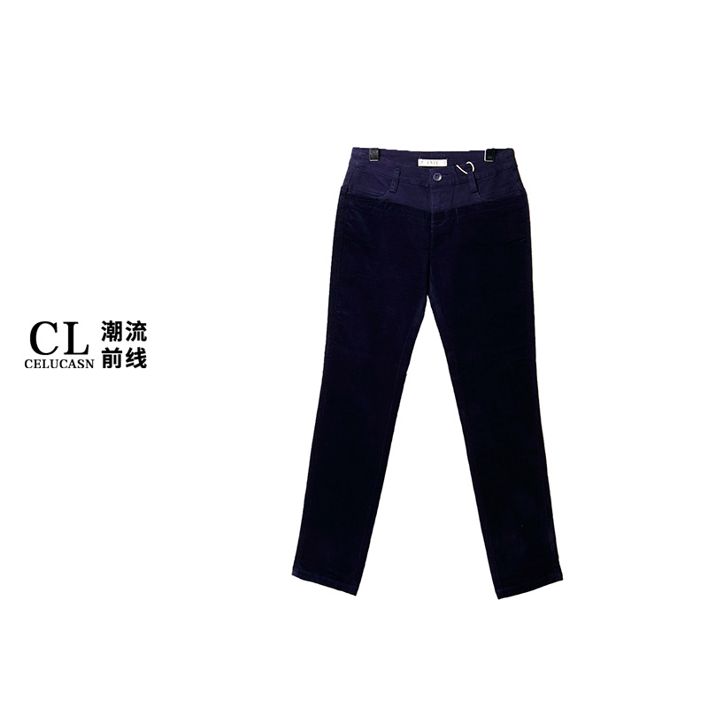 E5QB1042#设计款牛仔蓝拼接中腰直筒拼接灯芯绒休闲裤