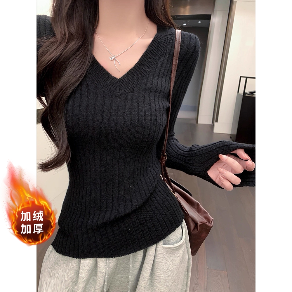 胖mm秋冬新款慵懒风V领长袖针织衫通勤绝美内搭显瘦长袖上衣11005