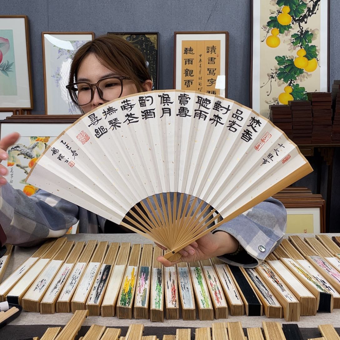 国画95寸玉竹-纯手绘-文玩扇骨（默认粘好）十大雅事