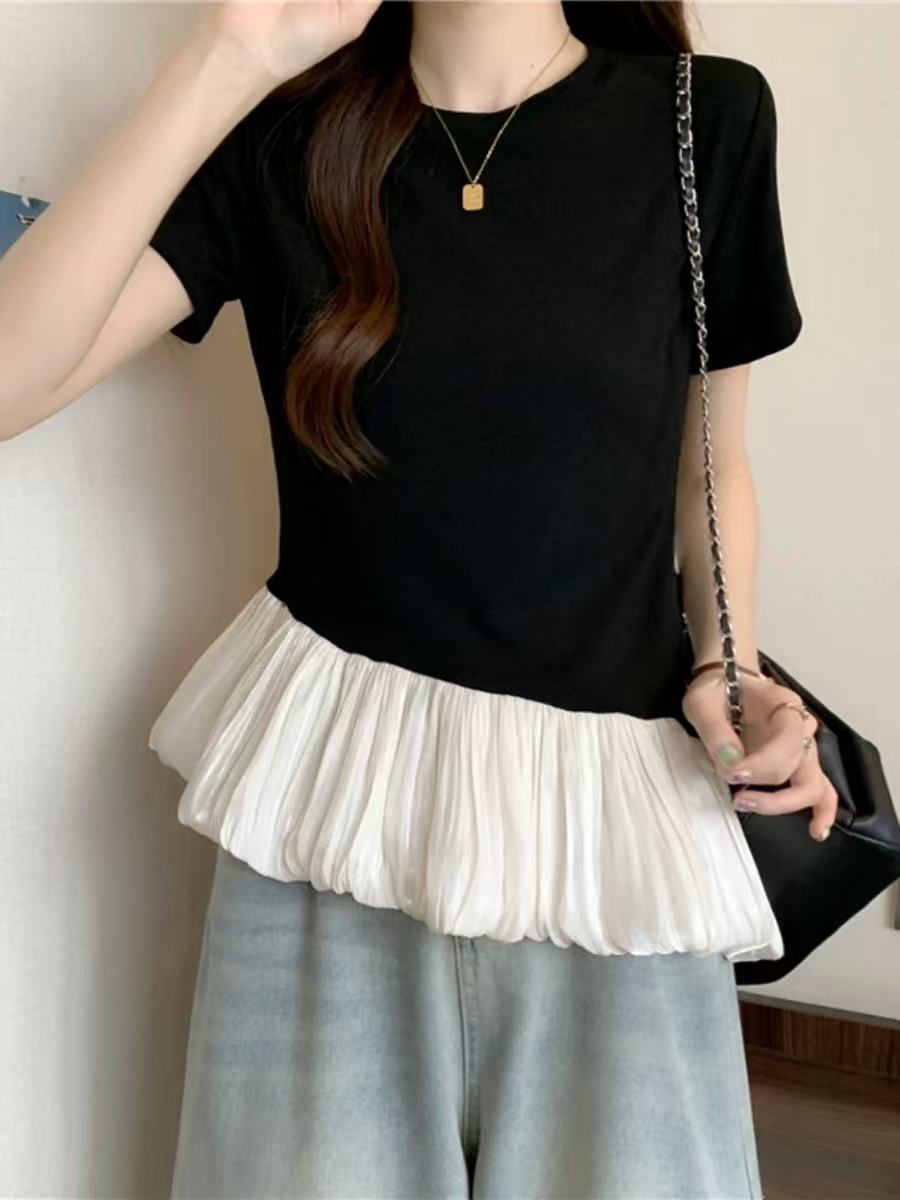 滨莉家 2819【法式蓬蓬】拼接欧根纱圆领短袖T恤女