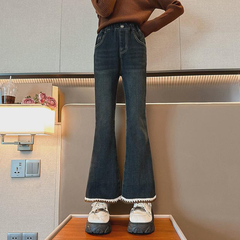 女童加绒牛仔裤秋冬款2024新款女孩加厚一体绒喇叭裤冬季儿童裤子