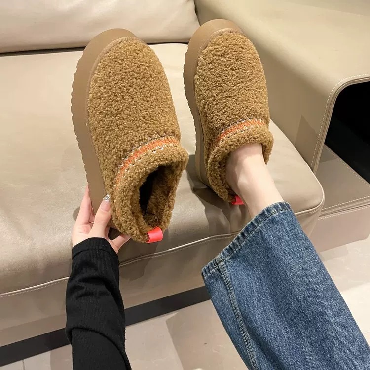 懒人雪地靴女2025新款冬季皮毛一体厚底包头半拖鞋外穿保暖棉鞋