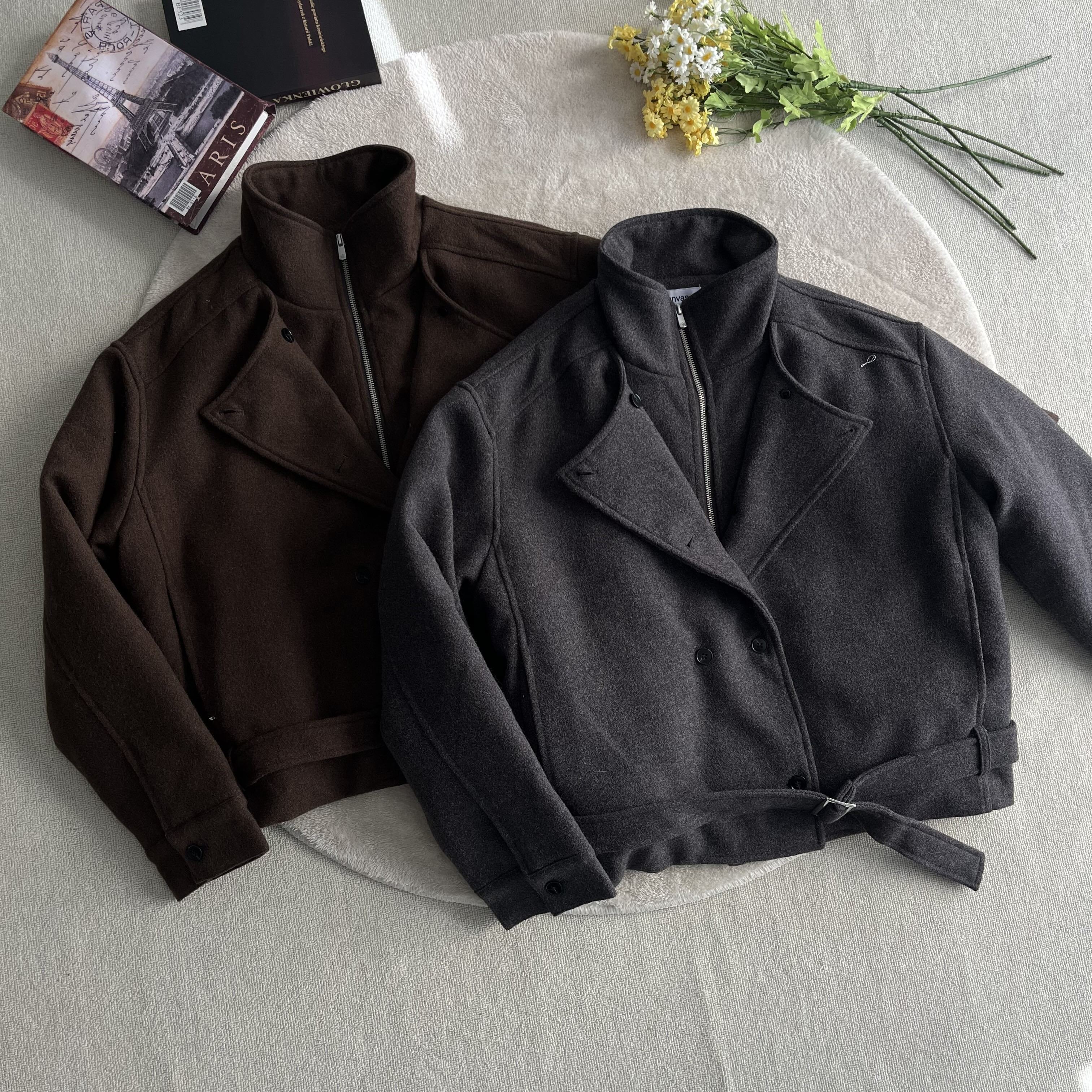 Xanvas假两件50羊毛双排扣立领绑带700g毛呢棉服外套多形态老钱风