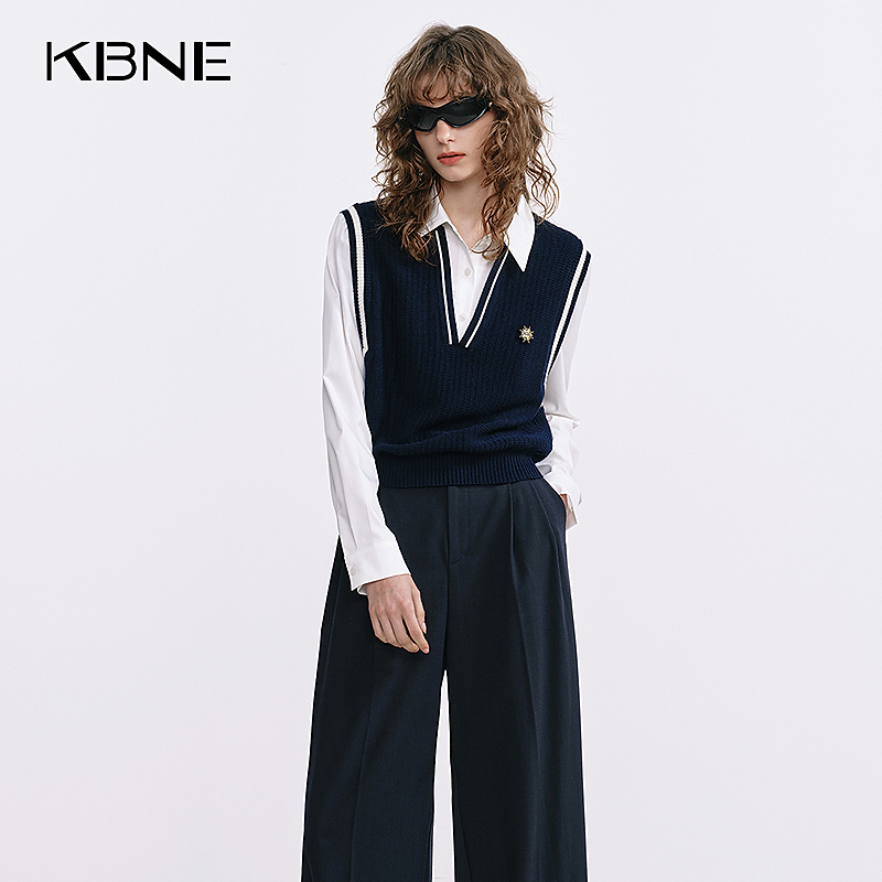 KBNE针织衫女款爆款2025新款秋季学院风复古撞色假两件针织衫女