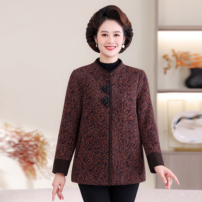 妈妈装奶奶装加绒加厚唐装立领拼色秋冬款经典上衣外套