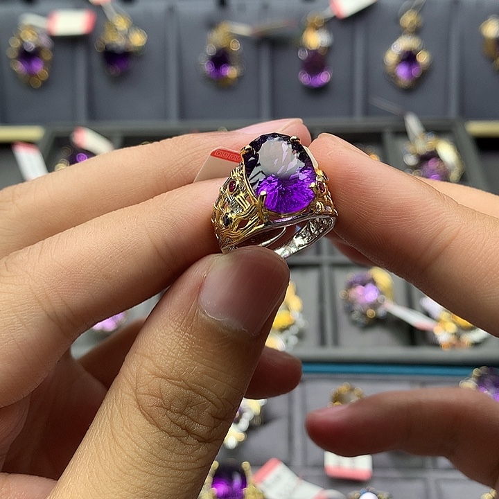 银S925镀金镶嵌戒指水晶