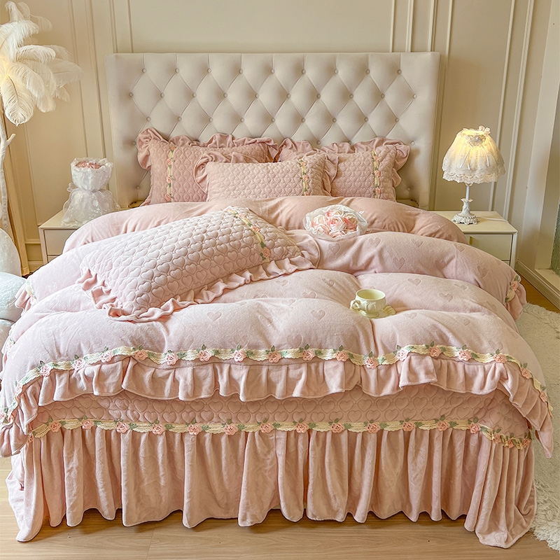韩版牛奶绒夹棉床盖四件套公主风保暖加厚绒床单床罩双面绒被套冬