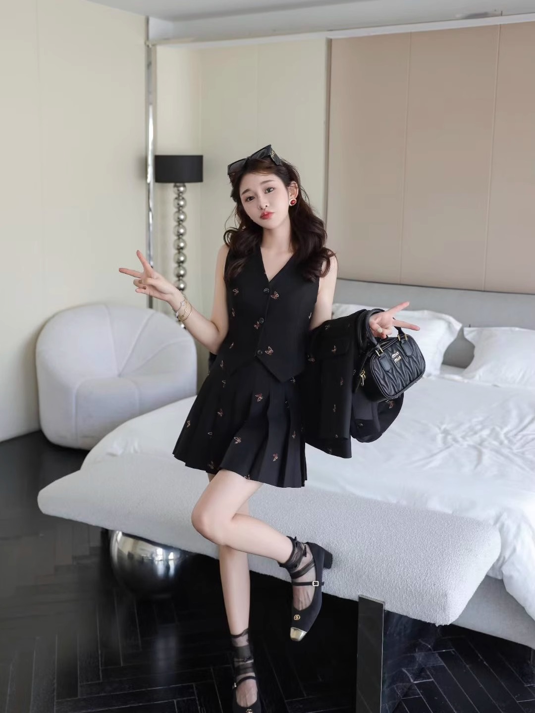 秋季新款时尚洋气半身裙两件套潮刺绣长袖西装外高腰显瘦套装裙女