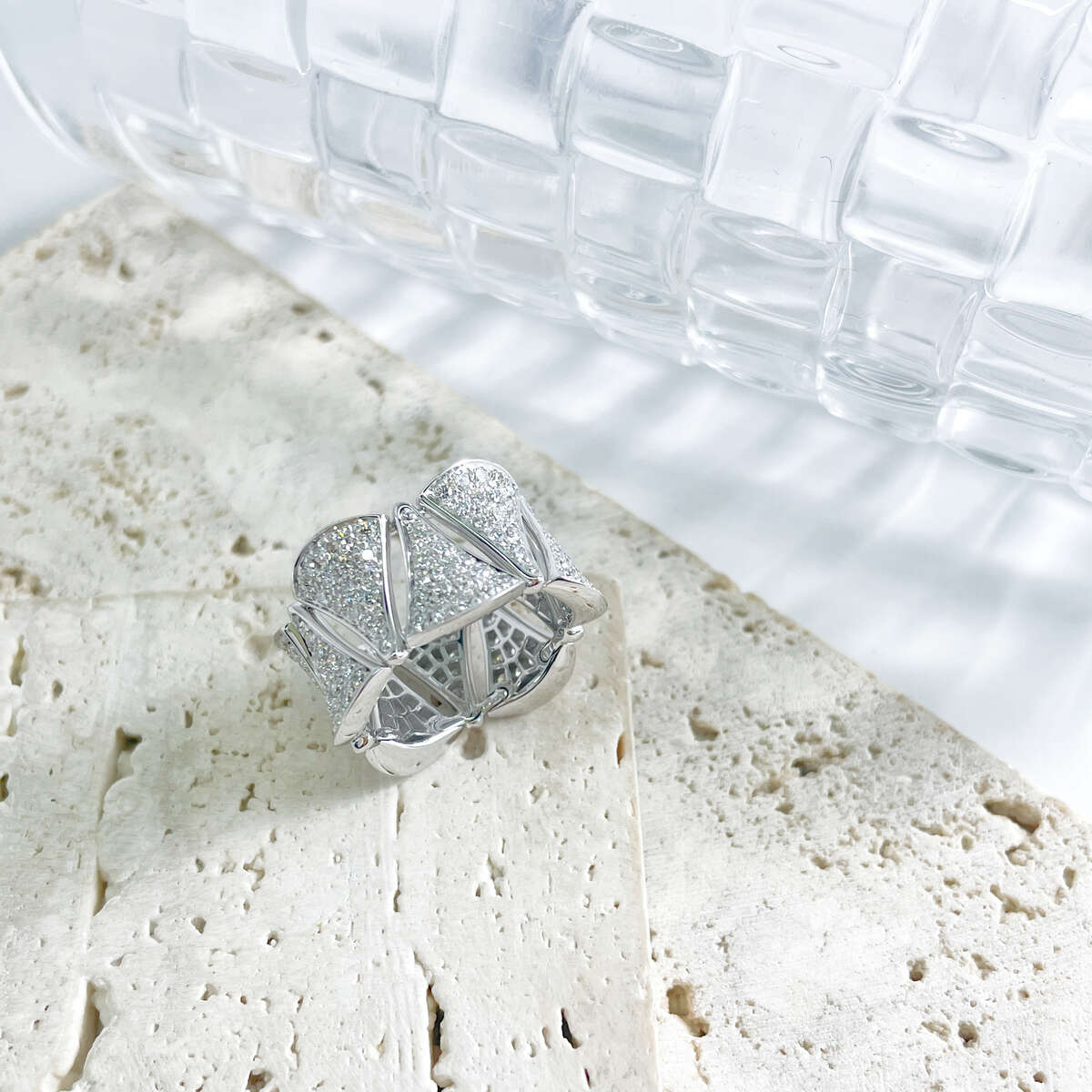 99新 BVLGARI/宝格丽 白金满钻十扇子戒指