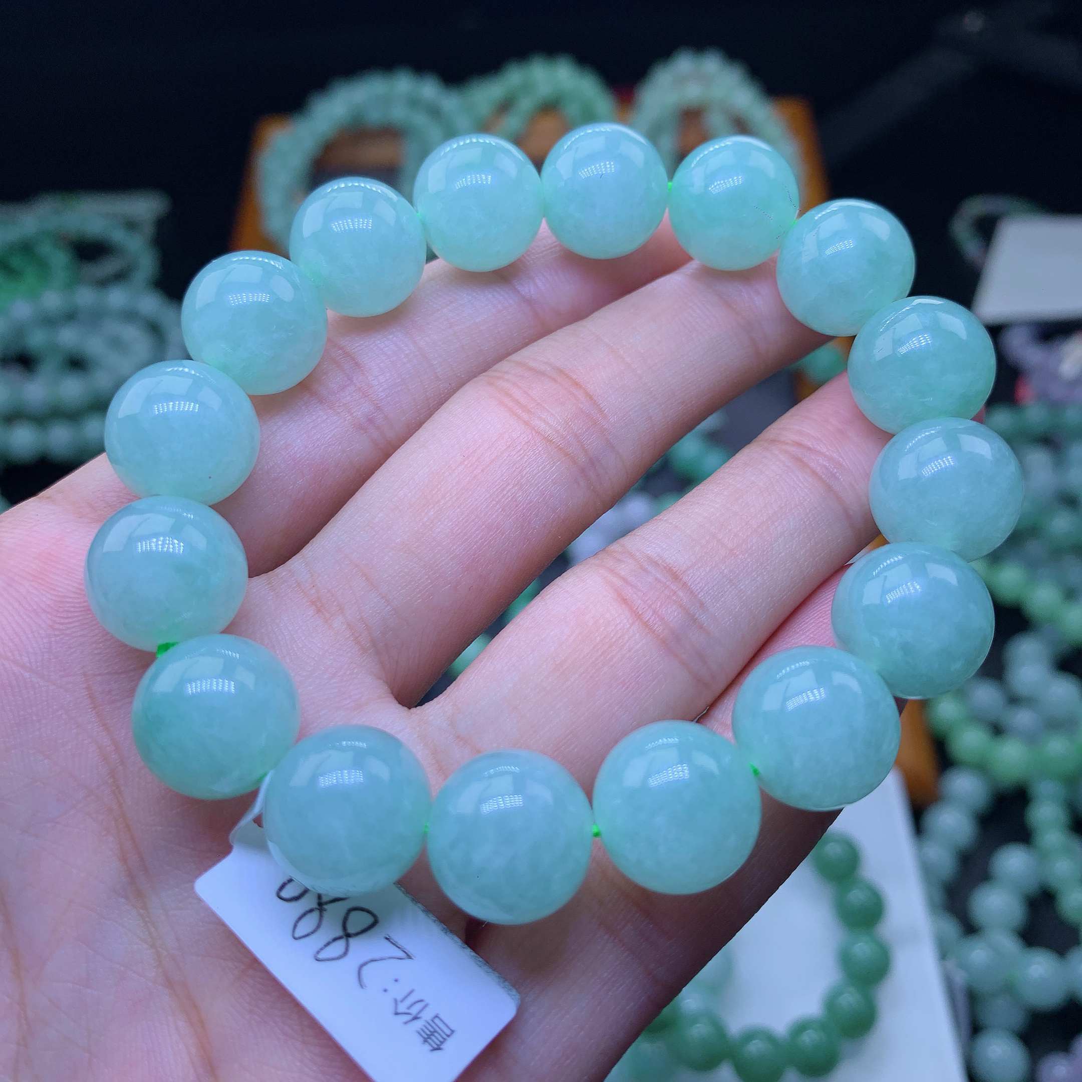 正品缅甸天然翡翠A货13+m冰绿起胶老坑圆珠手串冰透清新玉手串