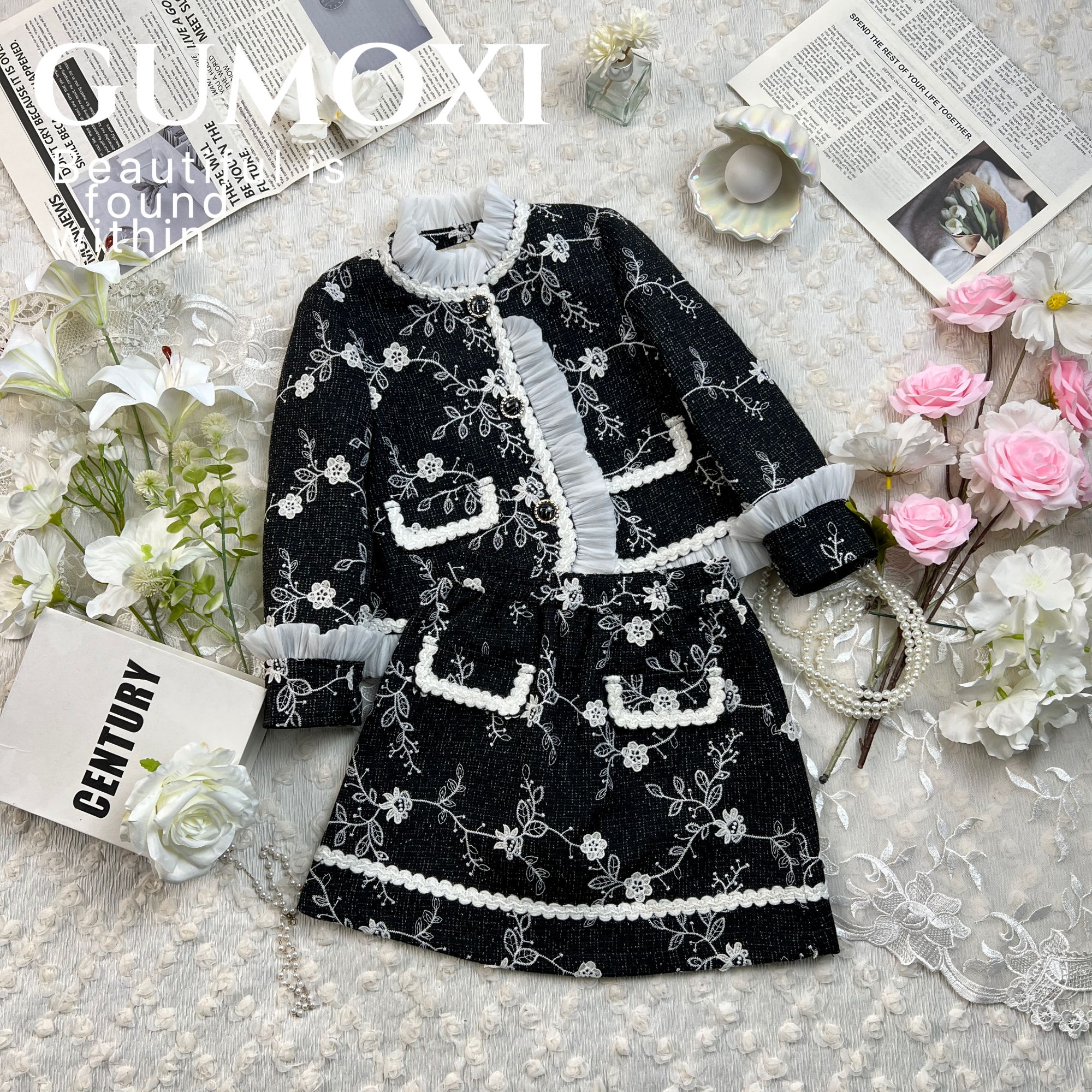 GUMOXI【梵西格】设计师童装女童小香风套装粗花呢亮片千金奢华秋款