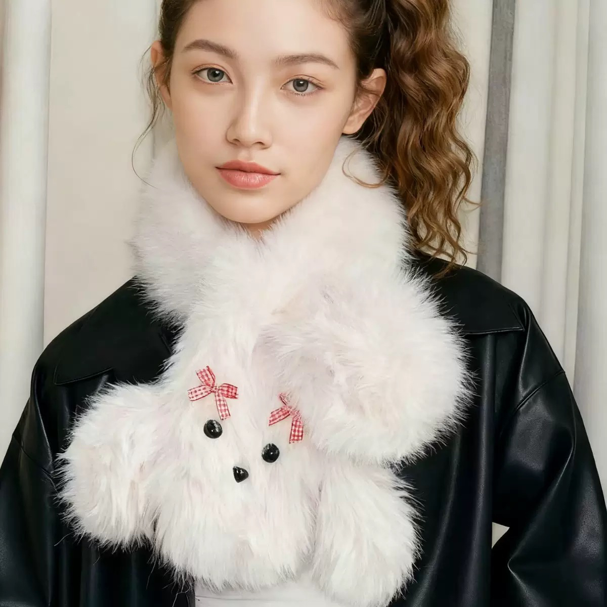 蝴蝶结小狗毛绒围巾冬季学生加厚保暖防冻可爱百搭交毛领叉围脖女