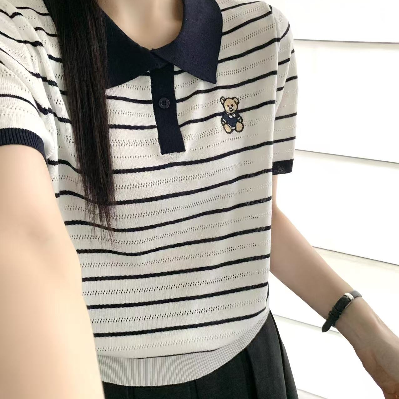 韩系减龄小熊刺绣条纹polo领衫T恤女短袖修身显瘦短款百搭上衣女商品图