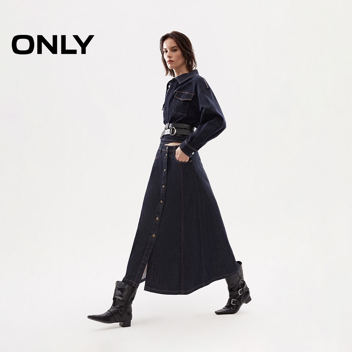 ONLY2025秋季新款撞色明线A字高腰原色牛仔裙半身裙女|125337009