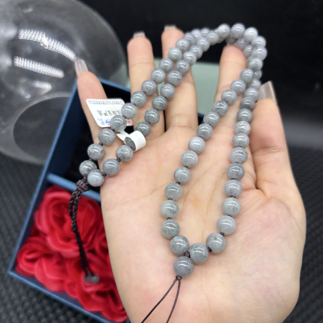 福利天然缅甸翡翠A货灰色点墨乌鸡圆珠8mm玉石珠链挂件绳毛衣链