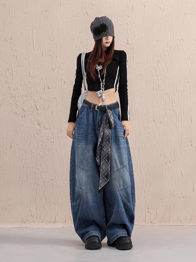 韩版复古男女高街水洗拼接设计感宽松百搭时髦弯刀牛仔阔腿长裤