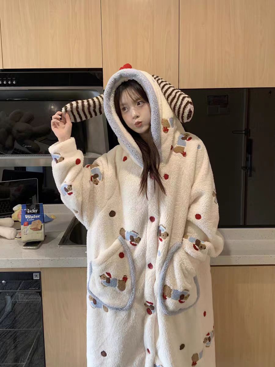 腊肠狗珊瑚绒睡袍少女睡衣秋冬季天加绒加厚可爱中长款家居服套装