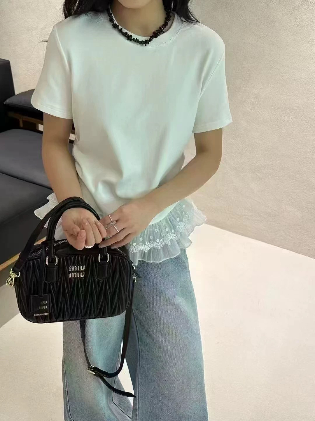 2025年春季韩系风蕾丝花边设计感拼接甜酷显瘦短袖T恤上衣
