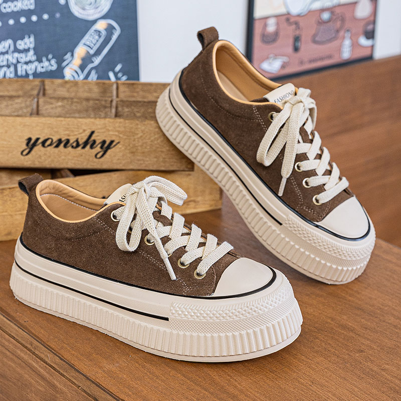 真皮磨砂牛皮饼干鞋秋冬新款软底休闲厚底运动4.5厘米增高板鞋女