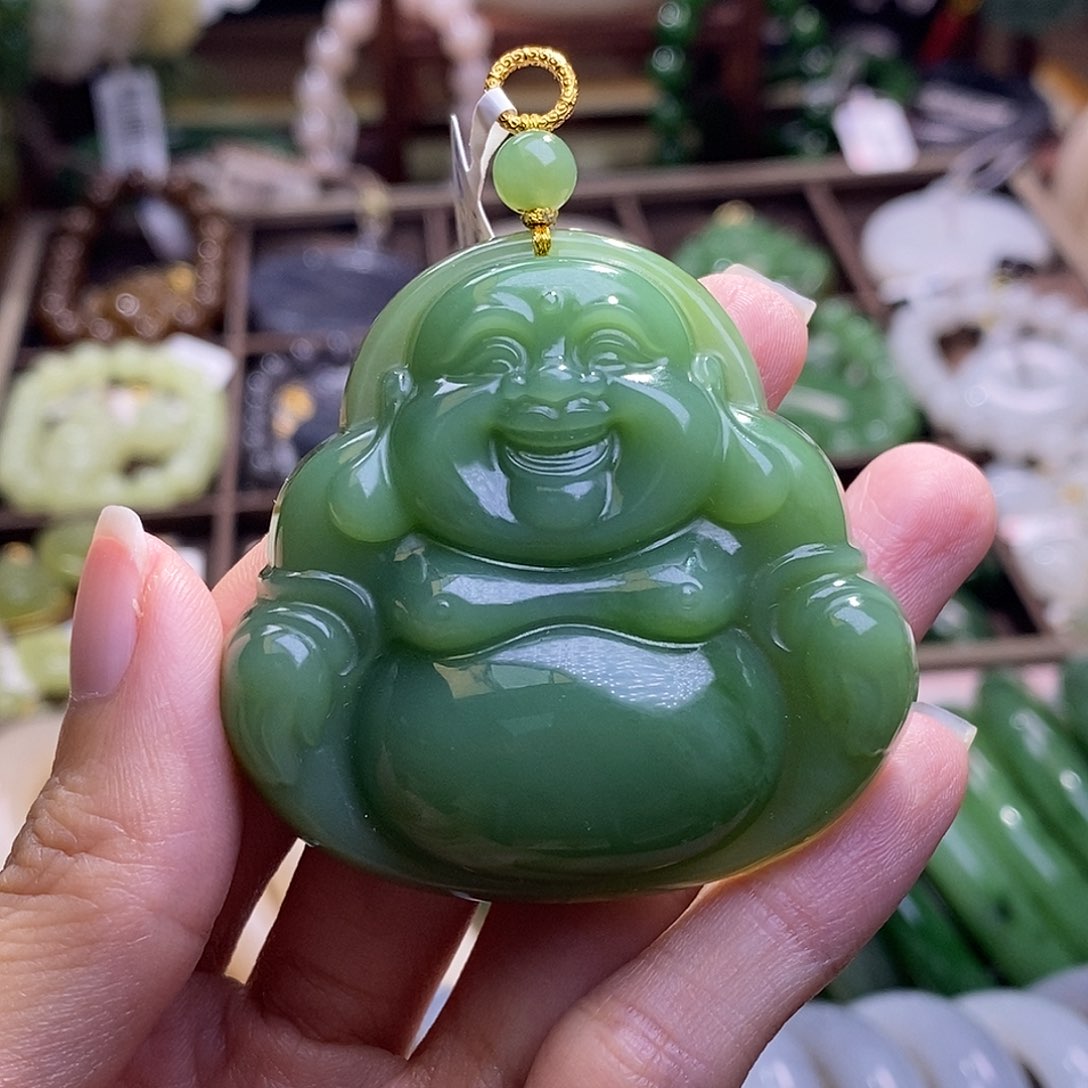 和田玉未镶嵌颈饰念*星碧玉金镶粉绿大佛公吊坠