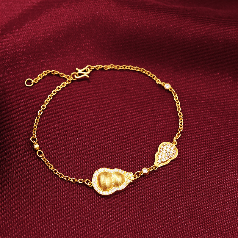 足金999拉丝双葫芦手链镶嵌气质轻奢时尚女士精致